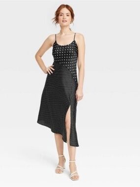 a new day Black Polka Dot Slip Midi Dress with Side Slit
